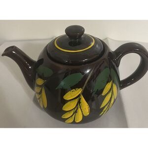 Royal Canadian Art Pottery Ceramic Teapot - Black‎ Base w/ Yellow & Green Leaves